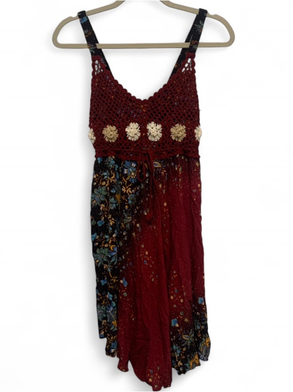 Y2K Bohemian Crochet-Top Mini Dress in Dark Red and Floral